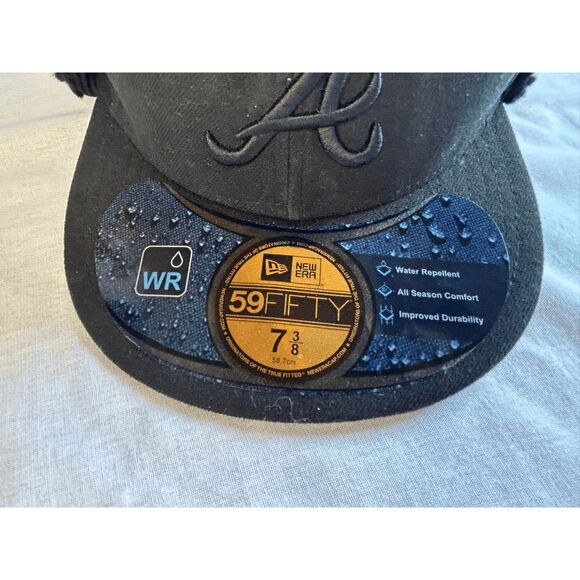 Atlanta Braves New Era Black Cap, Dogear, 7 & 3/8, Fuzzy, 59Fifty, NWT, Warm - Picture 5 of 7